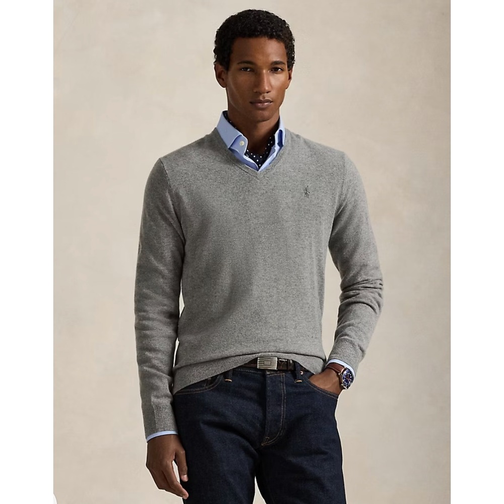 Polo by Ralph Lauren Mens 100% Lambswool Sweater V-Neck Pullover Knit Top Gray L